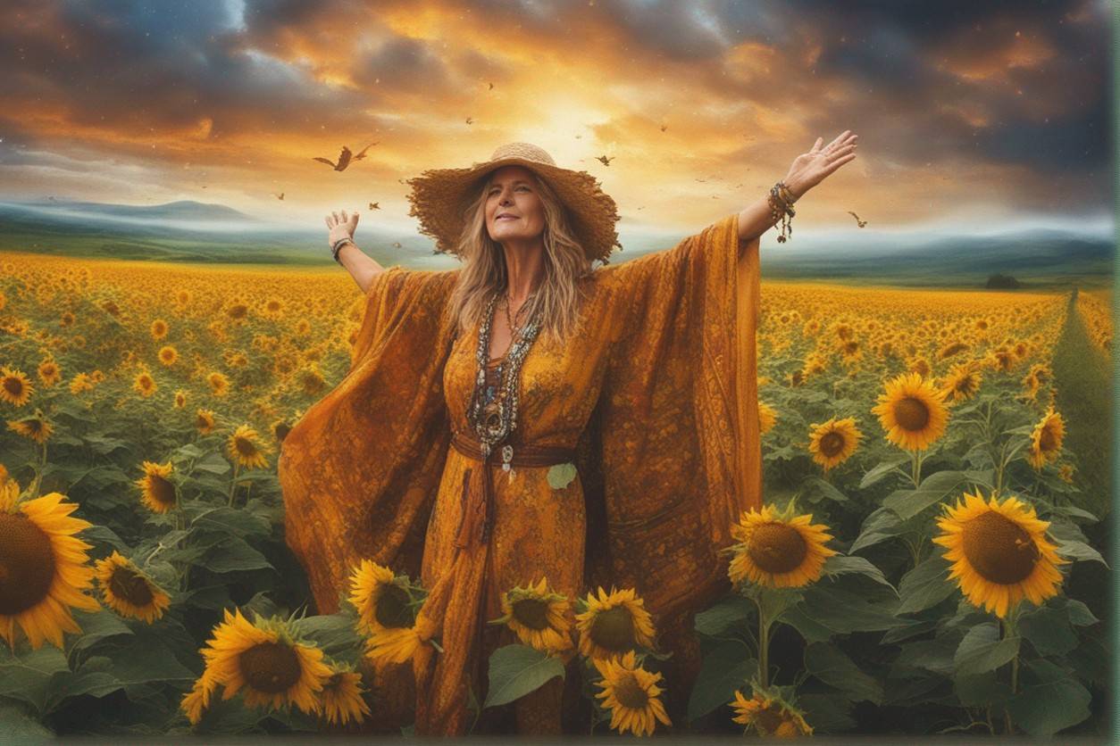 Women in sunflower field