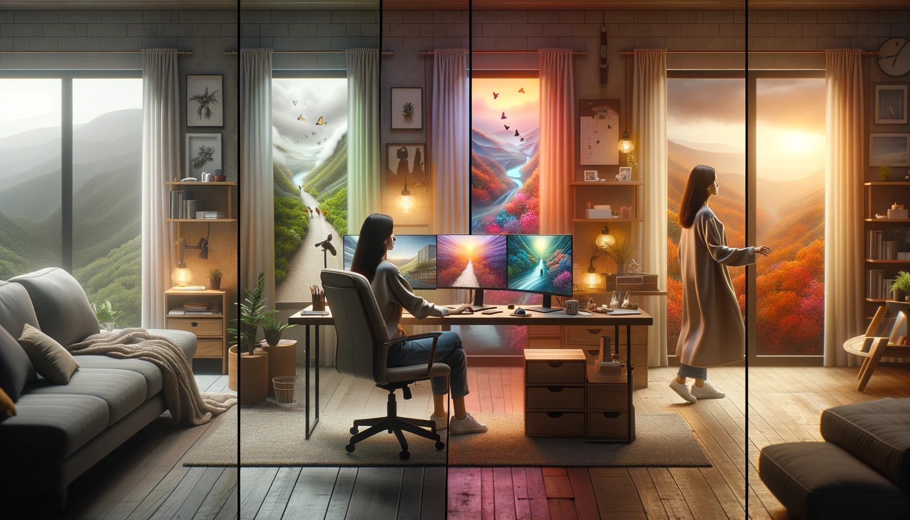 Infographic, Wendy Kier, AI Art, journey capturing a woman's transformation in her home office using AI visuals for mood tracking.