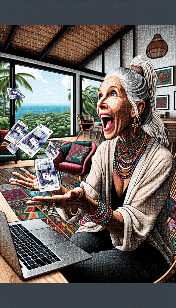 Wendy Kier, AI Art, Elderly woman with silver hair joyfully looking at floating British pound notes in a modern, eclectic room with a beach view.