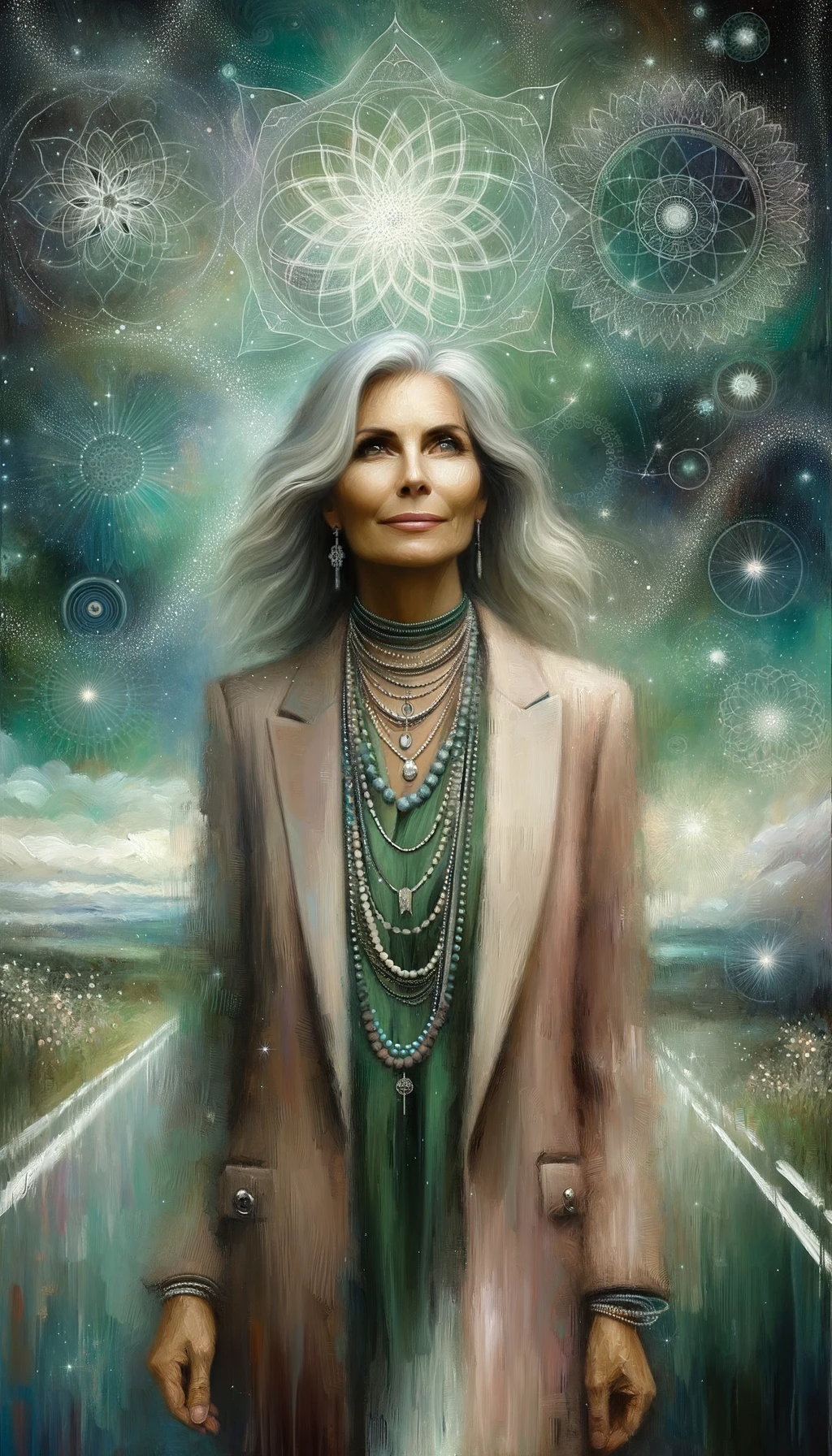 Wendy Kier, AI Art, Sales Made Easy, businesswoman in her early 50s. Adorned with boho-inspired jewelry and standing on a road leading in one direction, the scene captures her contemplative mood against a deep green spiritual backdrop