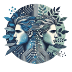 Digital artwork of two mirrored human faces merging with circuit board patterns and nature elements, symbolizing AI and human collaboration.