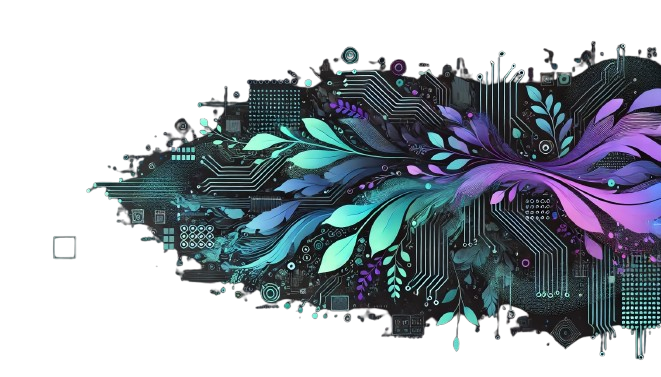 A wide background image with a black base featuring vibrant digital and natural elements rising from the bottom, filling only the lower quarter of the image. The digital aspects include circuit-like patterns, data flows, and geometric shapes, while the natural part incorporates flowing plant-like forms. The colors are vibrant, using bright teal (#008080), purple (#9370DB), and dark gray (#3D384A), softly blending into the black background. The upper three-quarters remain empty, providing ample space for text, with a clean and modern aesthetic balancing technology and nature.