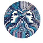 Symmetrical artwork of two female faces surrounded by flowing lines, circuits, and cosmic elements, representing AI and human connection.