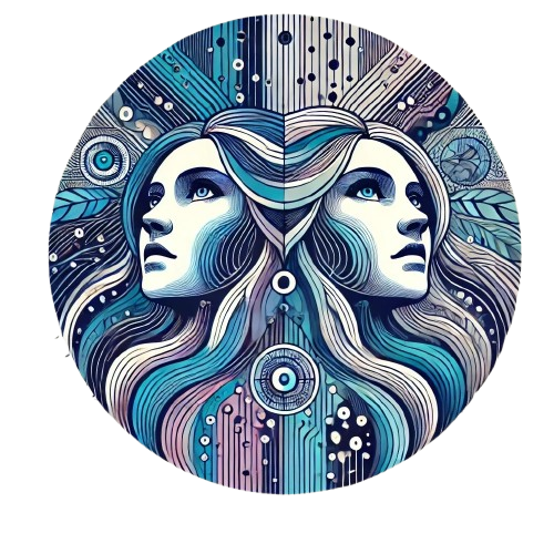 Symmetrical artwork of two female faces surrounded by flowing lines, circuits, and cosmic elements, representing AI and human connection.