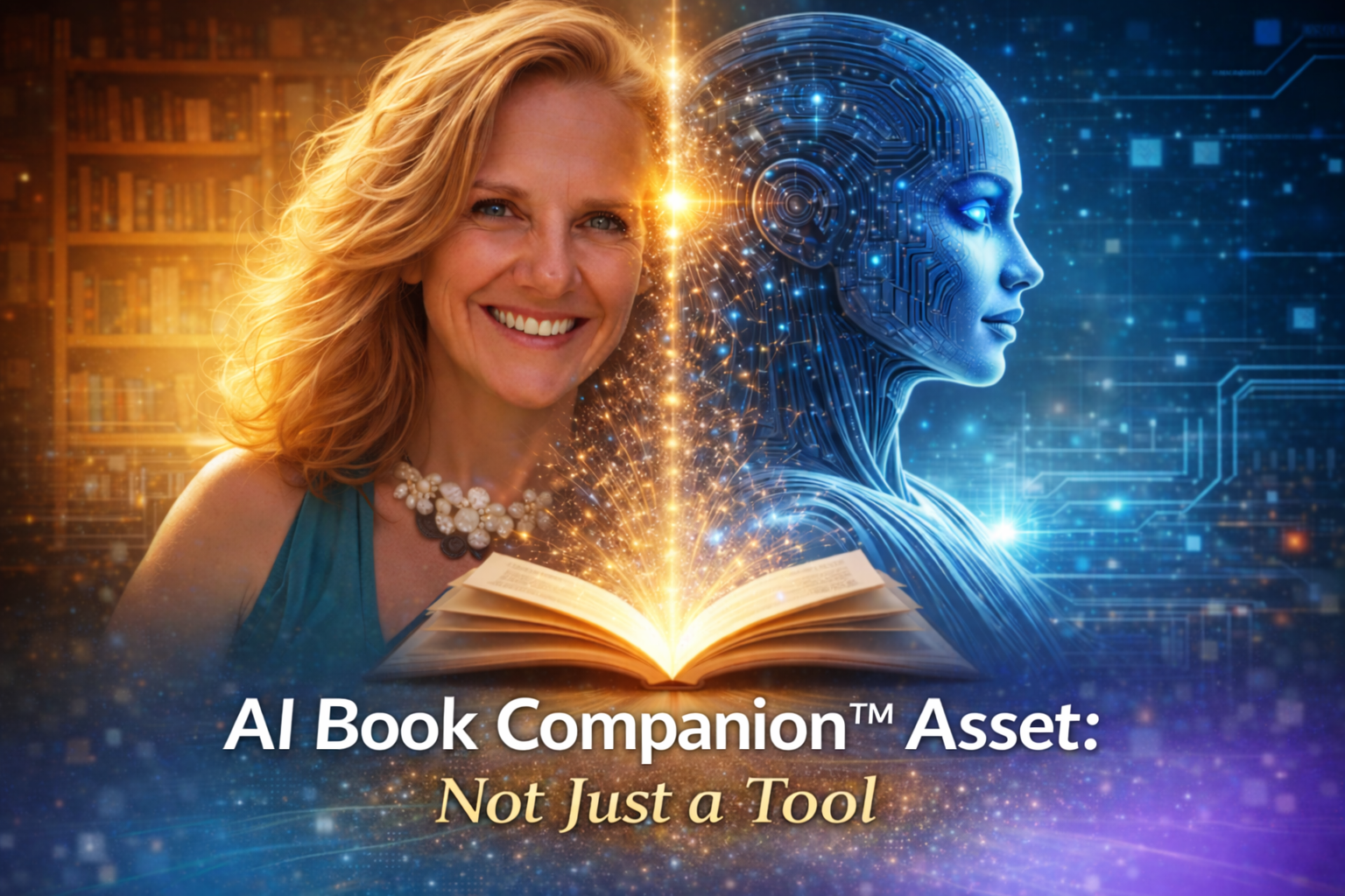 AI Book Companion™ Asset: Not Just a Tool, split image of smiling woman and futuristic AI figure connected by glowing open book