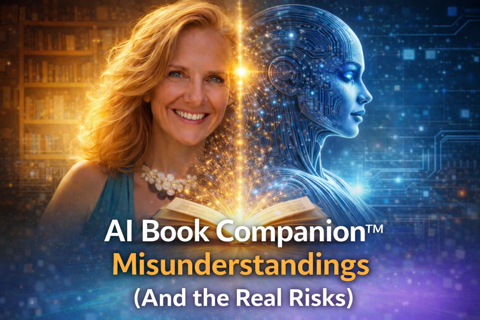 AI Book Companion™ Misunderstandings (And the Real Risks) – split image of author and AI connected by glowing book