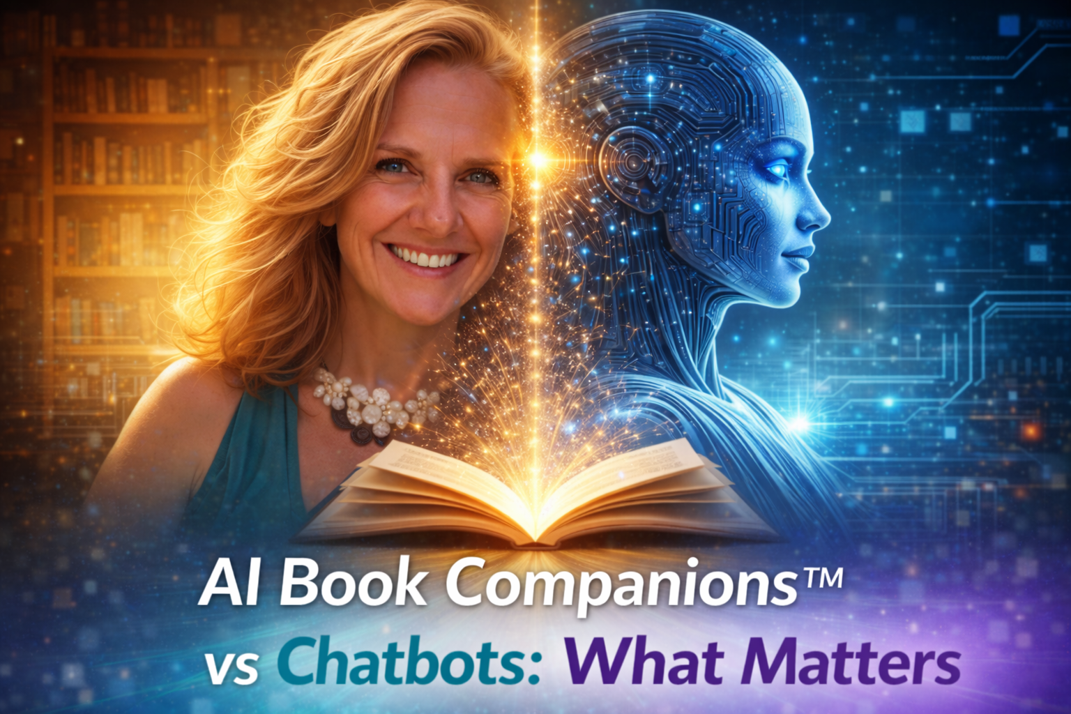 AI Book Companion™ vs Chatbots comparison image showing a woman and a humanoid AI divided by a glowing open book, representing governed authorship versus generative chatbot systems.