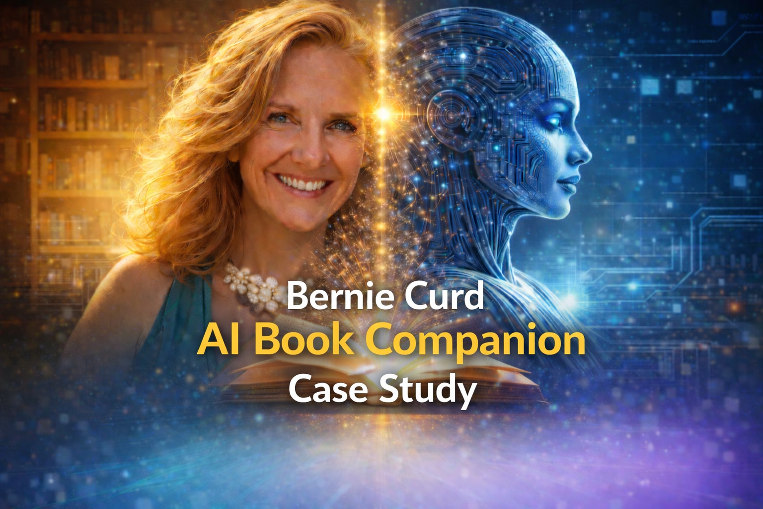 Bernie Curd AI Book Companion Case Study – split image of author and AI connected by glowing book