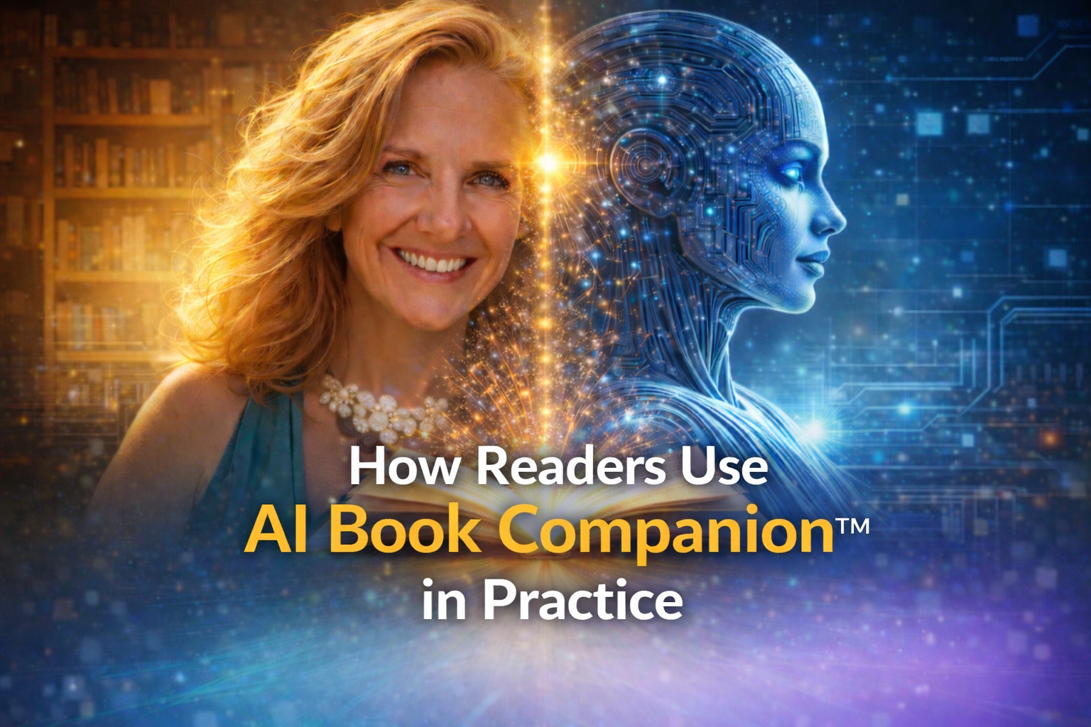 How Readers Use AI Book Companion™ in Practice – split image of author and AI connected by glowing book