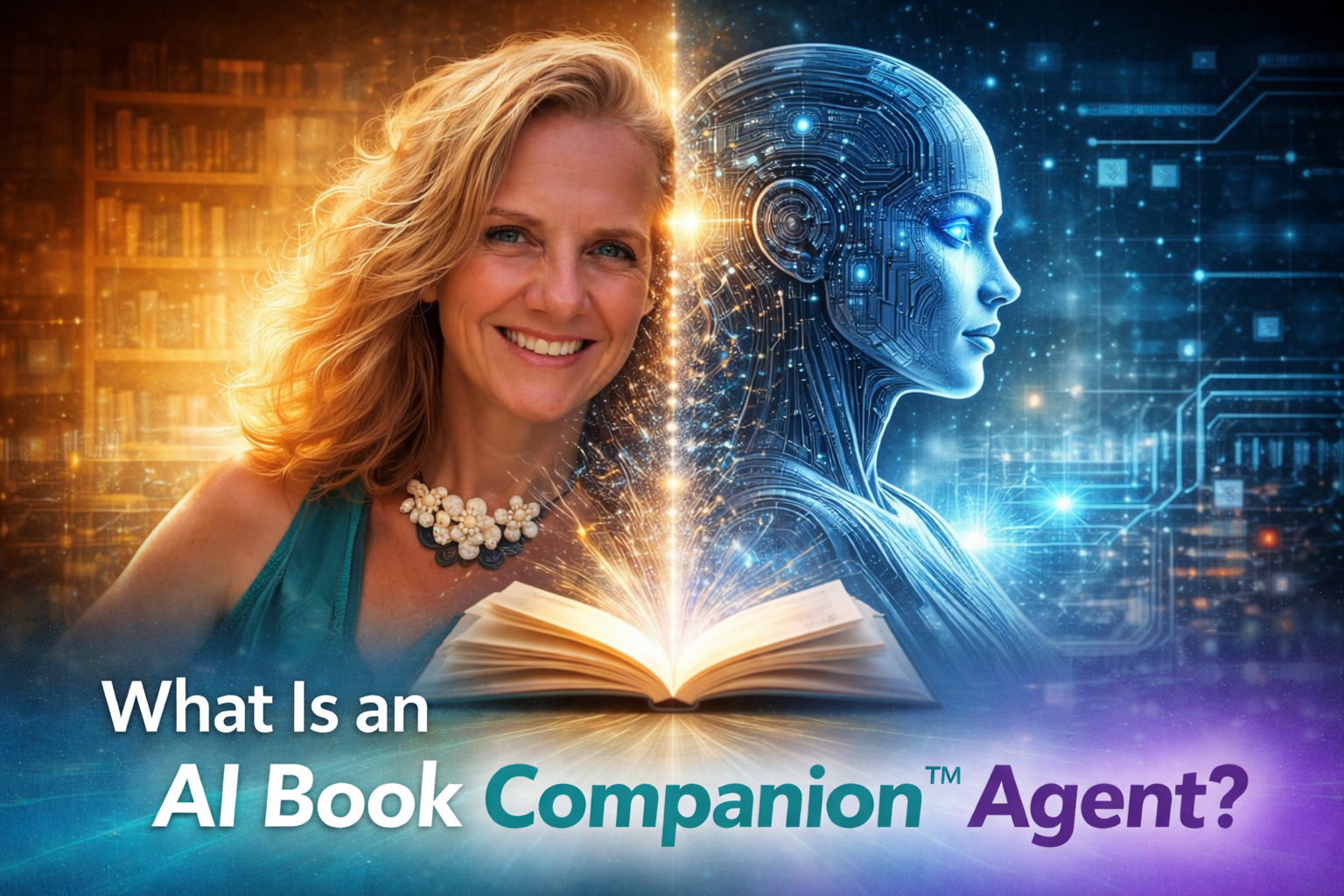 AI Book Companion™ Agent visual showing author merging with AI to represent governed book intelligence and structured interaction
