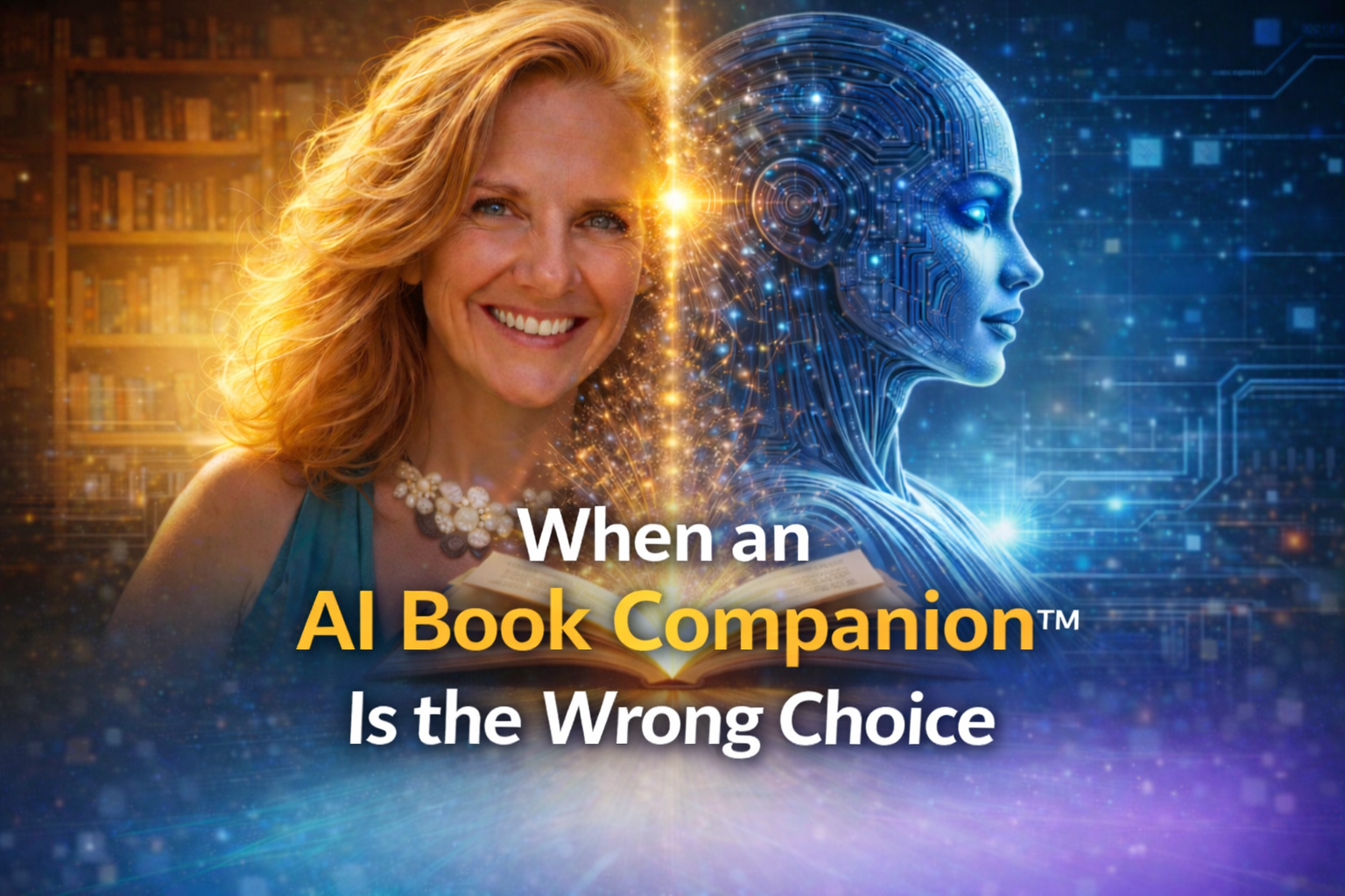 When an AI Book Companion™ Is the Wrong Choice – split image of author and AI connected by glowing open book