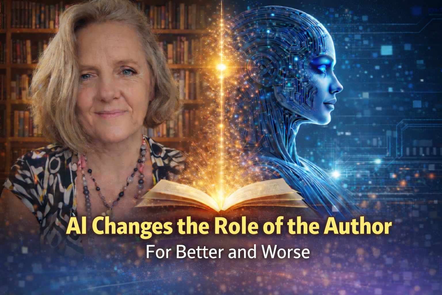 AI changes the role of the author concept image showing Wendy Kier beside digital AI figure and illuminated book symbolising authorship and technological evolution