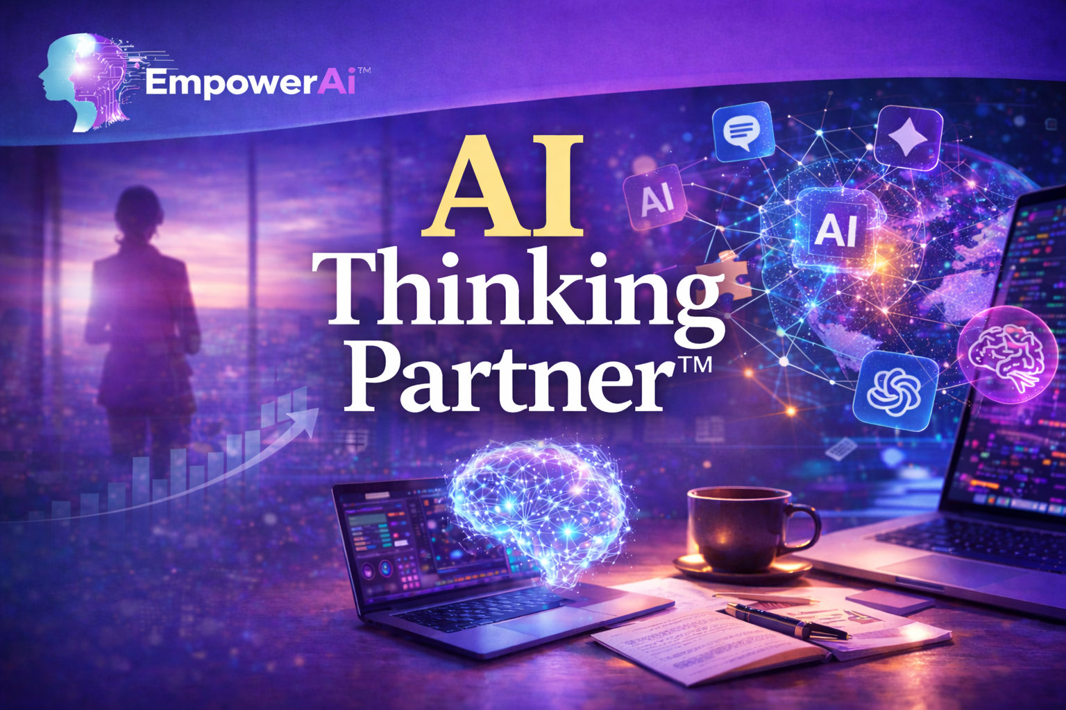 AI Thinking Partner™ concept showing a solo founder using AI agents in ChatGPT to improve business thinking and decisions