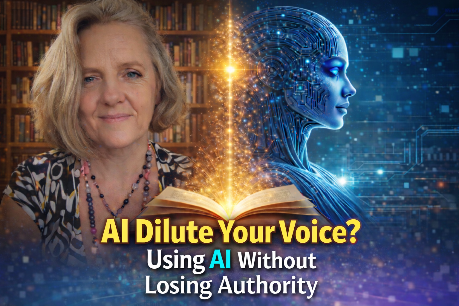 AI diluting your voice concept image showing author beside digital AI figure and illuminated book