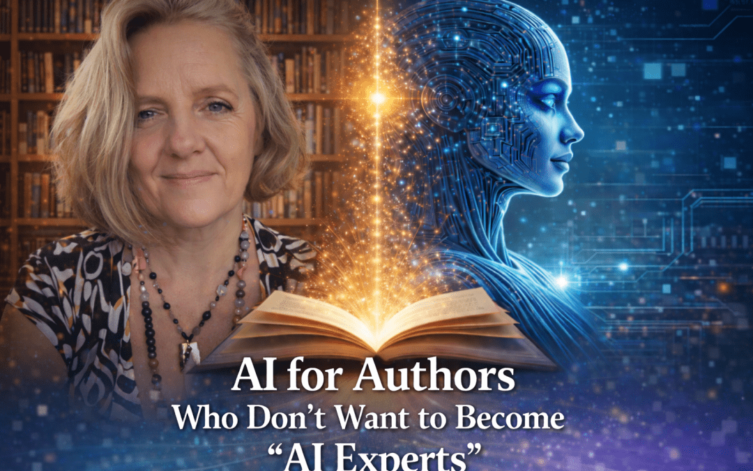 AI for authors visual showing Wendy Kier in a library with AI figure and open book