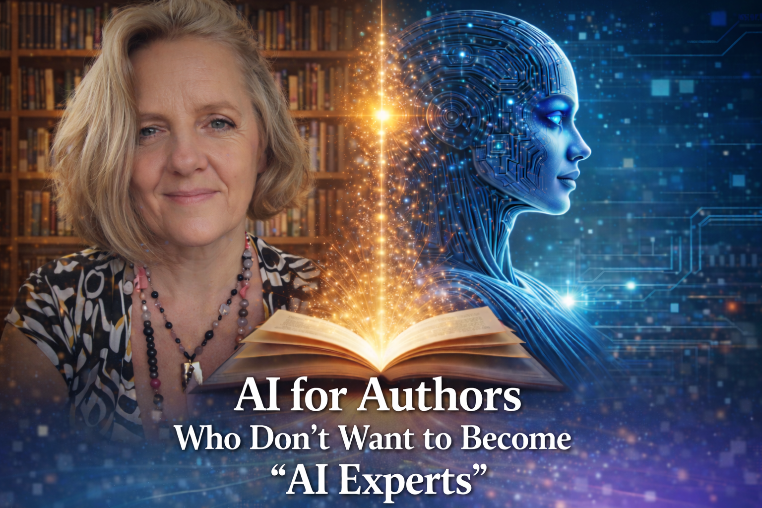 AI for authors visual showing Wendy Kier in a library with AI figure and open book