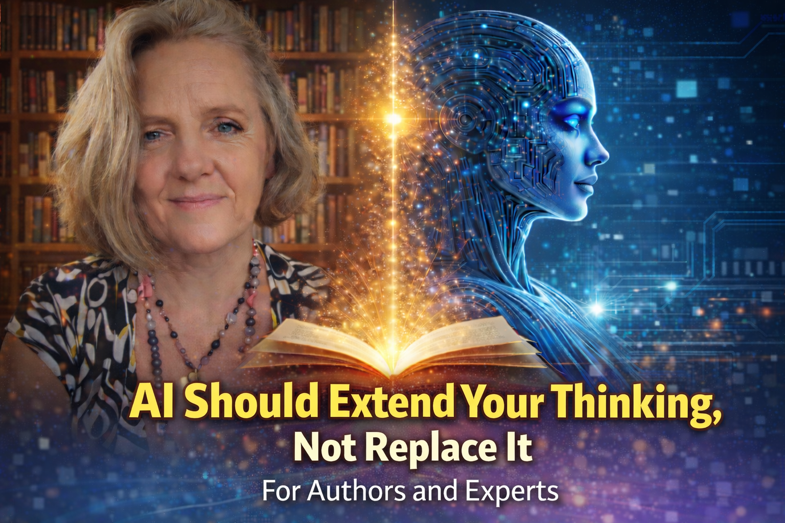 AI should extend your thinking concept image showing Wendy Kier beside digital AI figure and illuminated book symbolising authorship and governance