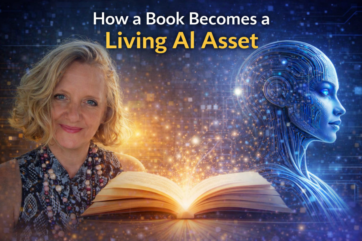 Author beside an AI figure emerging from an open book representing how a book becomes a living AI asset