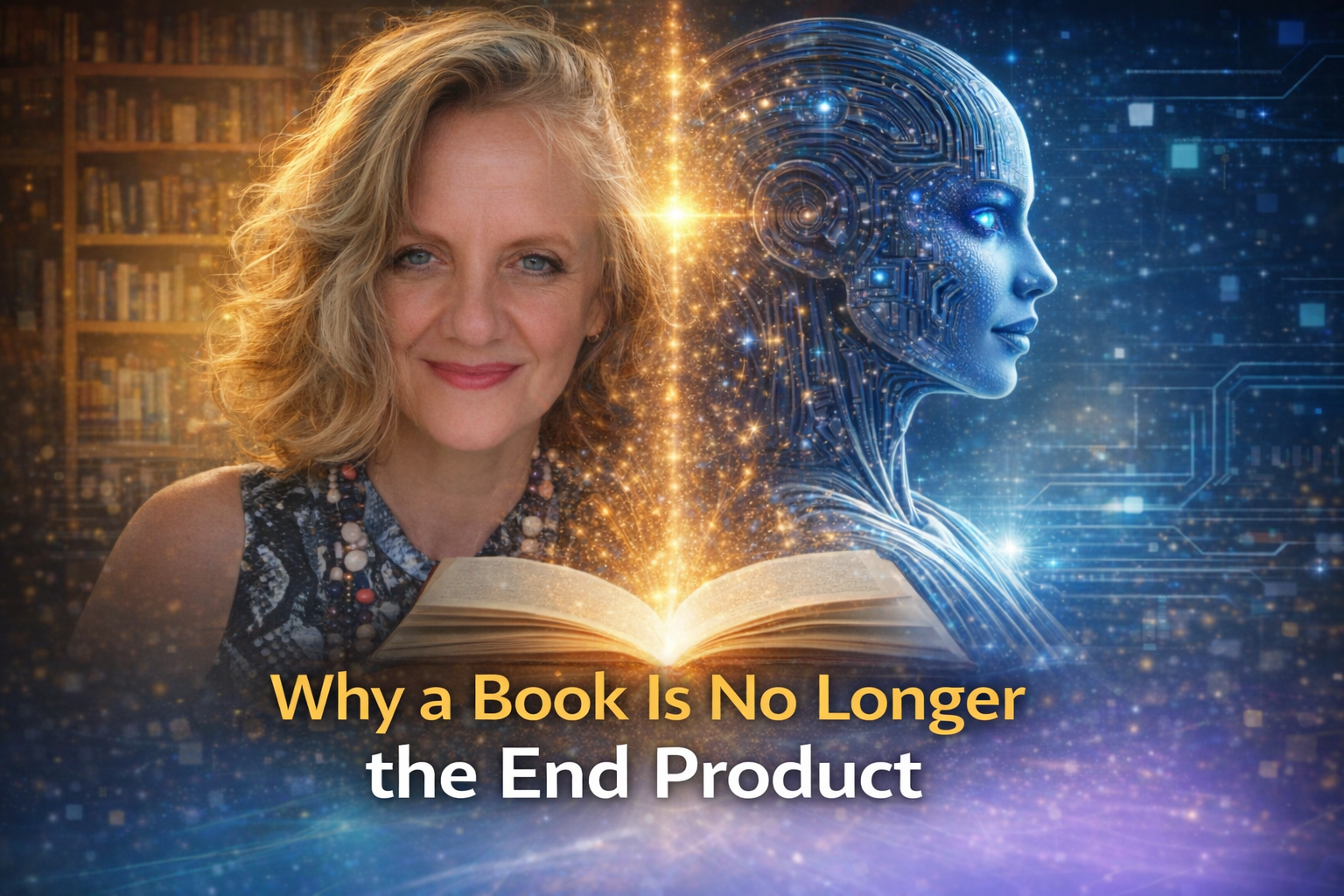 Author beside an AI figure emerging from an open book, illustrating how books evolve into AI Book Companions and interactive digital assets.