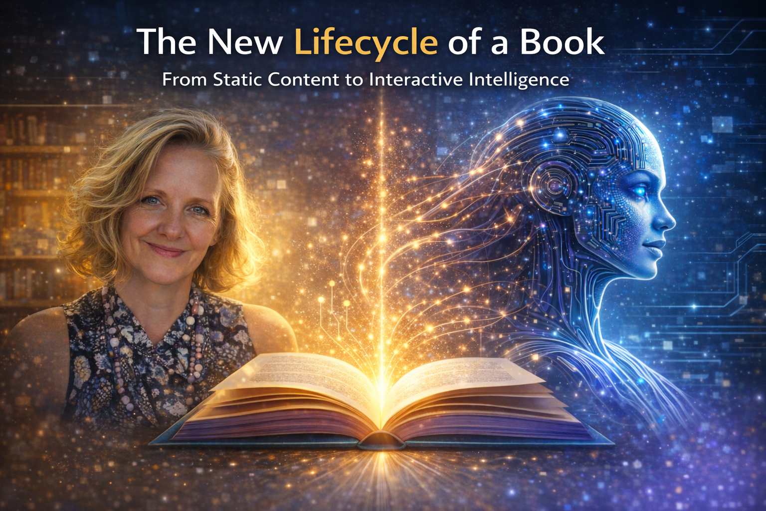 The new lifecycle of a book illustrated with an author, a glowing open book, and a futuristic AI figure showing how books evolve into AI Book Companions and interactive intelligence.