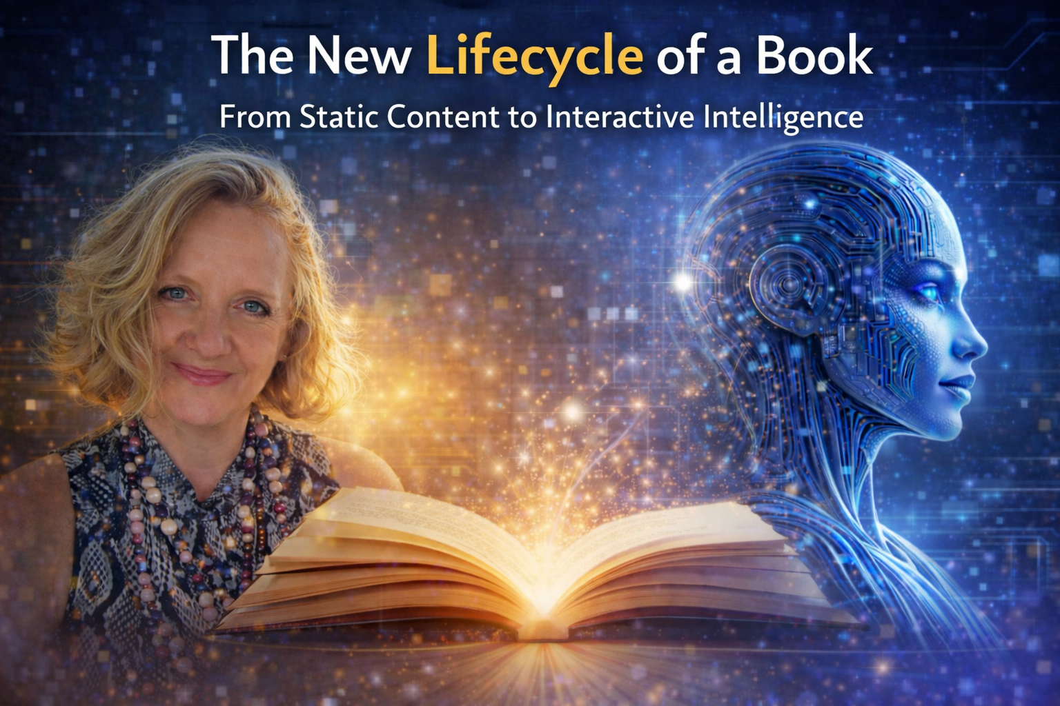 Author beside a digital AI figure emerging from an open book illustrating the new lifecycle of a book becoming interactive intelligence.