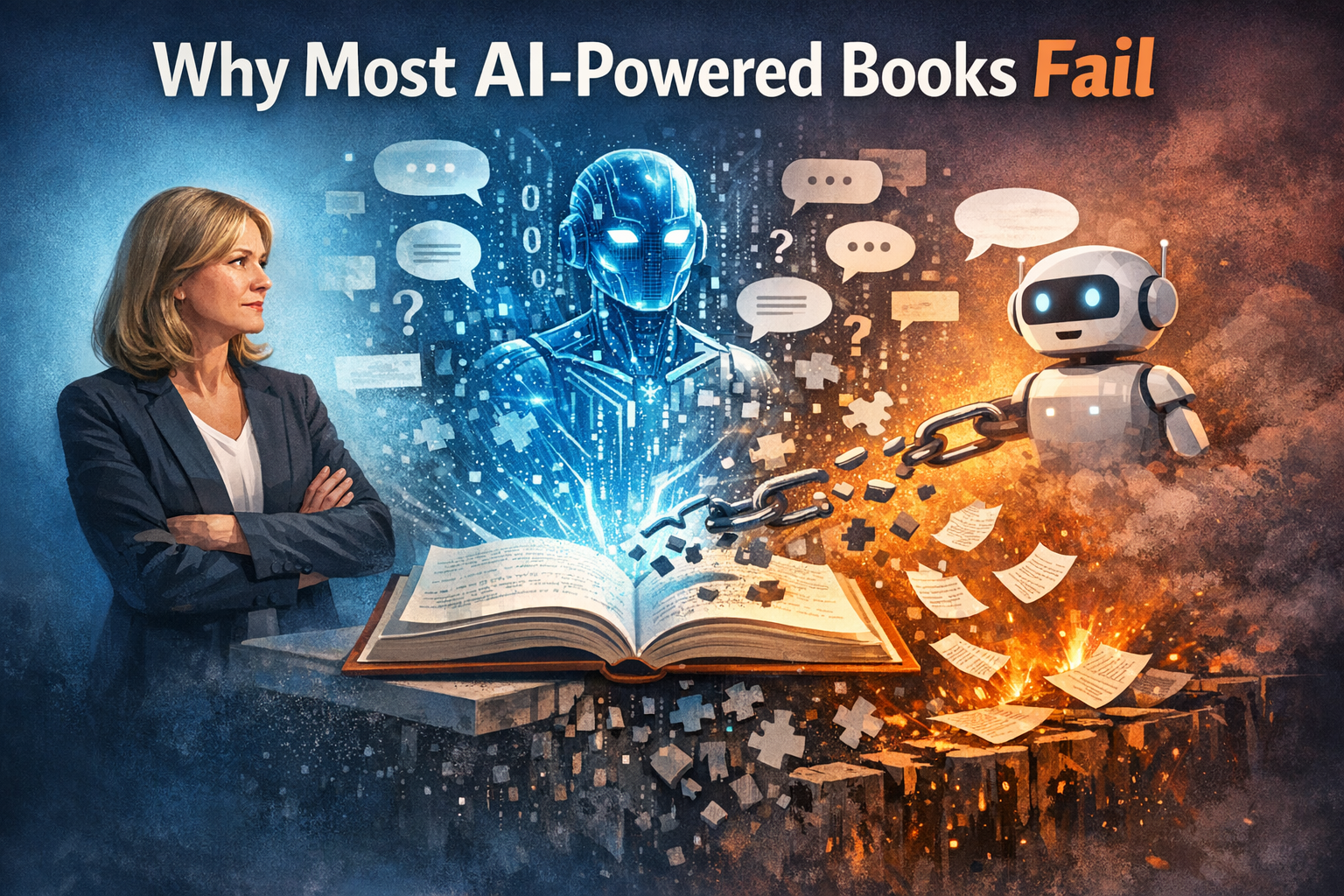 Illustration showing a book connected to AI and a chatbot, representing why most AI-powered books fail without structure and governance.