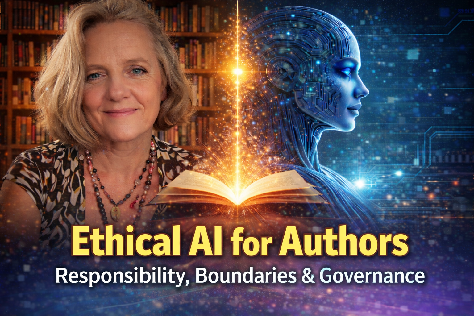 Ethical AI for authors concept image showing Wendy Kier with digital AI figure and illuminated book symbolising governance and responsibility