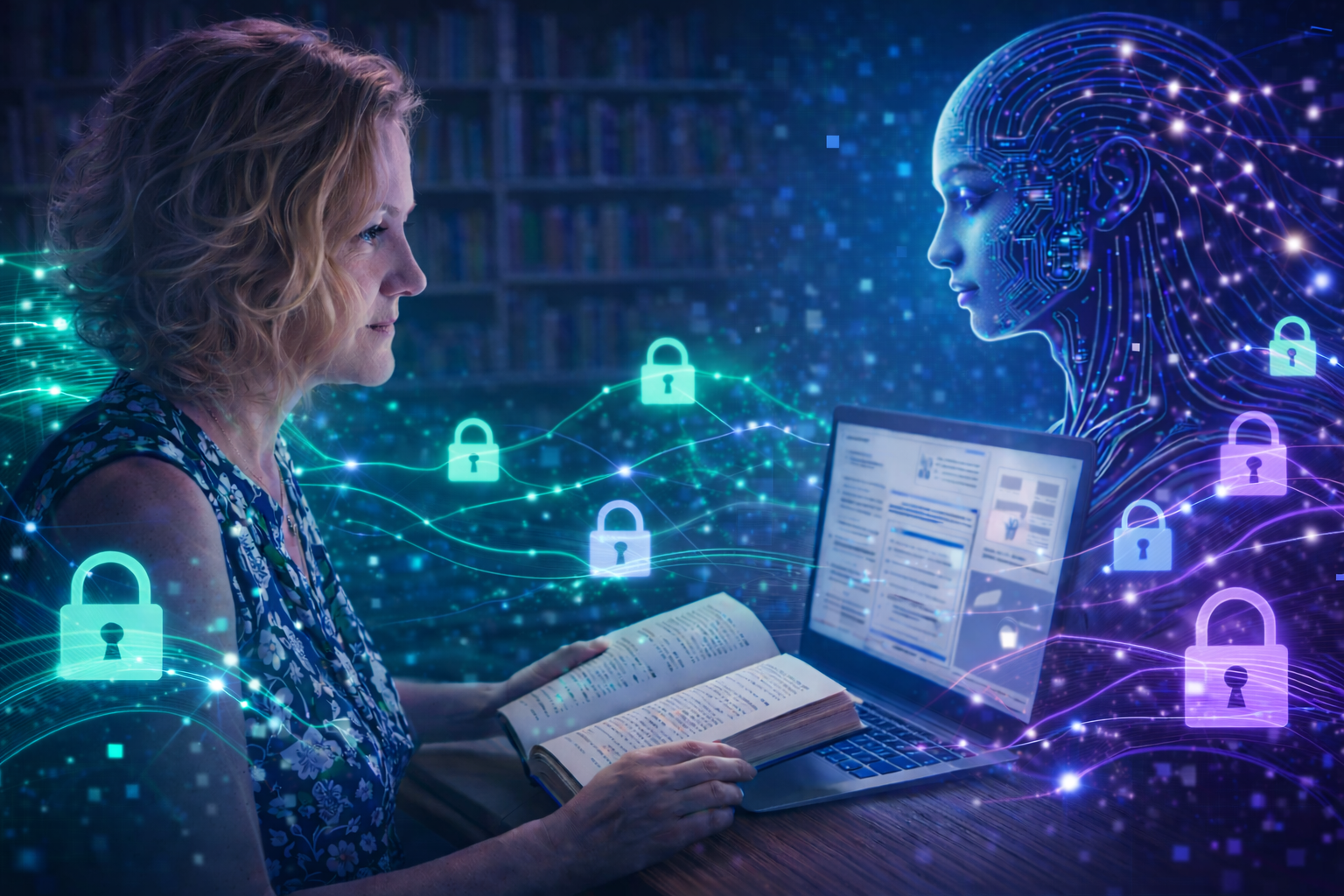 AI-powered business ecosystem in teal and purple representing structured support for solopreneurs