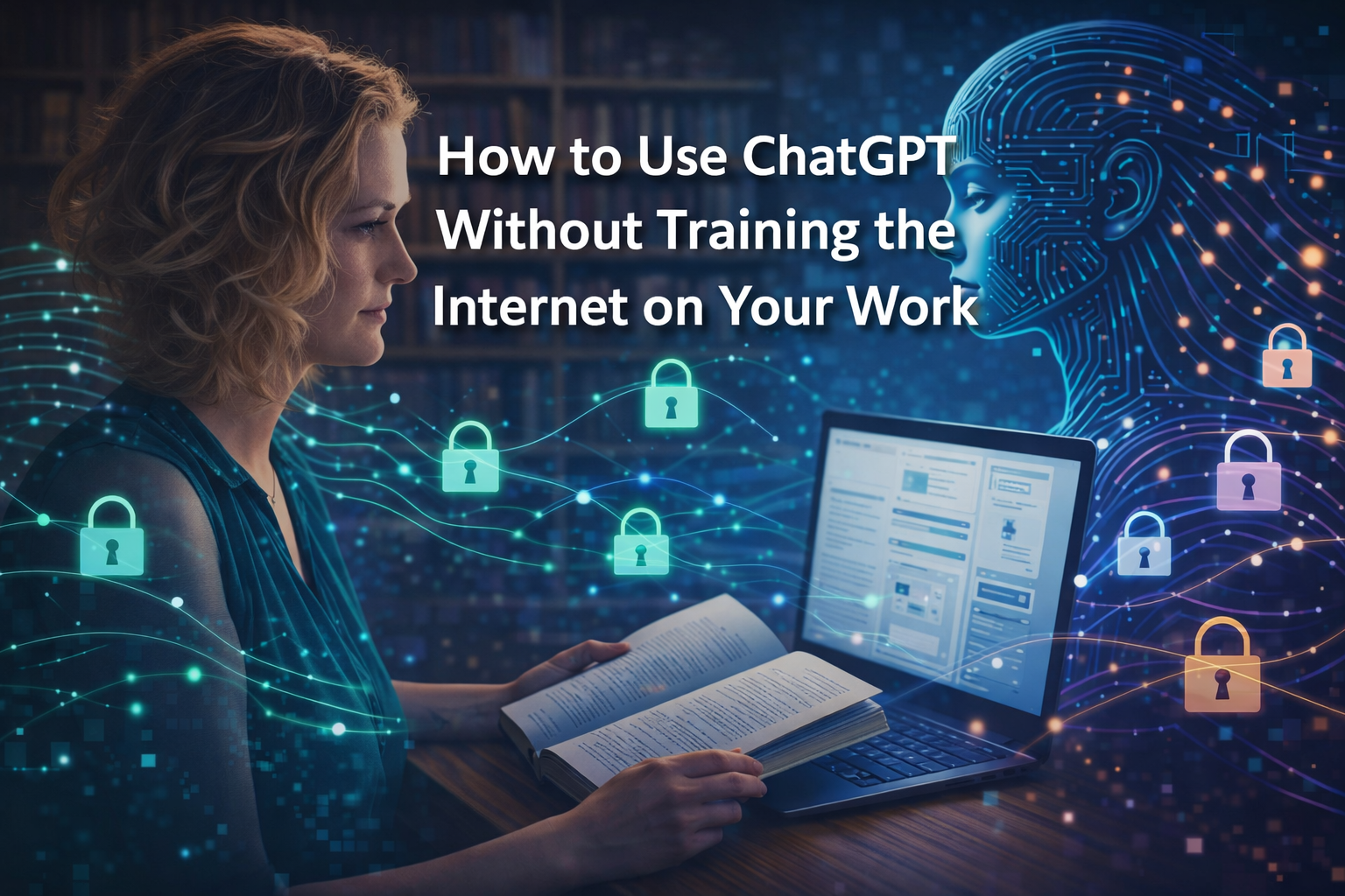 Woman reading a book while using ChatGPT in a secure, contained digital environment, with AI interface and lock symbols representing protected intellectual property and controlled use of content.