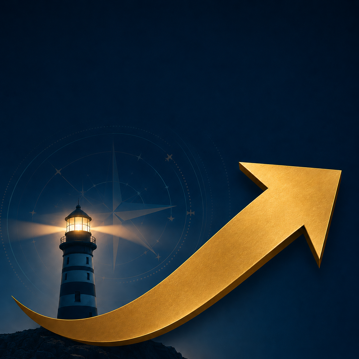 Lighthouse Growth and Authority Illustration Lighthouse with gold upward arrow symbolising authority, visibility, and business growth